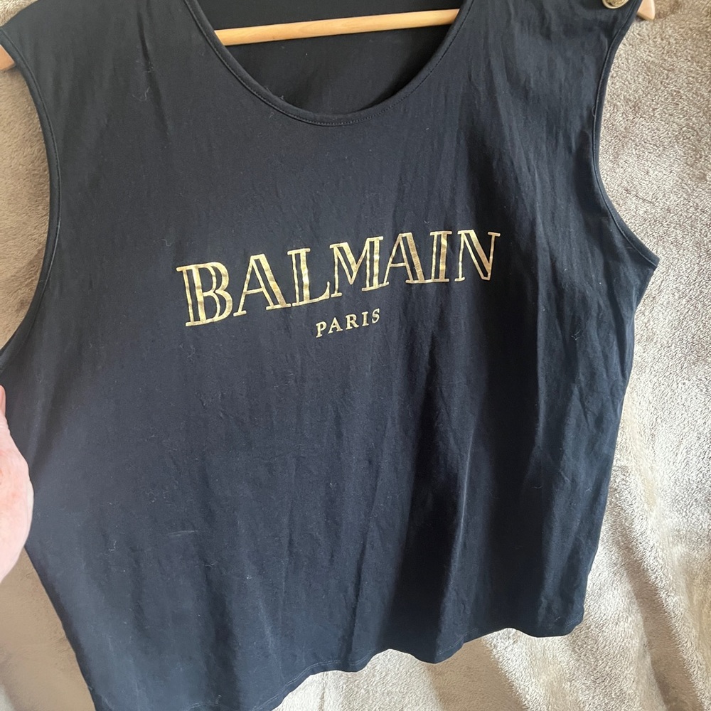 Balmain Black Tank Top with Gold Logo Print